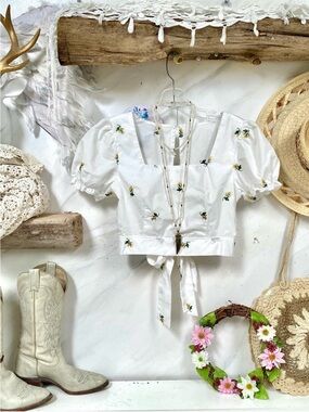 Prairie/farmhouse/Victorian vibe boho puff sleeves blouse w bow open back accent